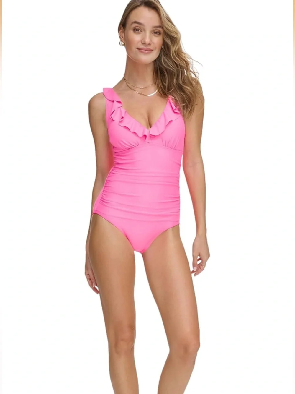 NEW DKNY Teal Ruffle V-Neck One-Piece Swimsuit Large - Picture 5 of 6